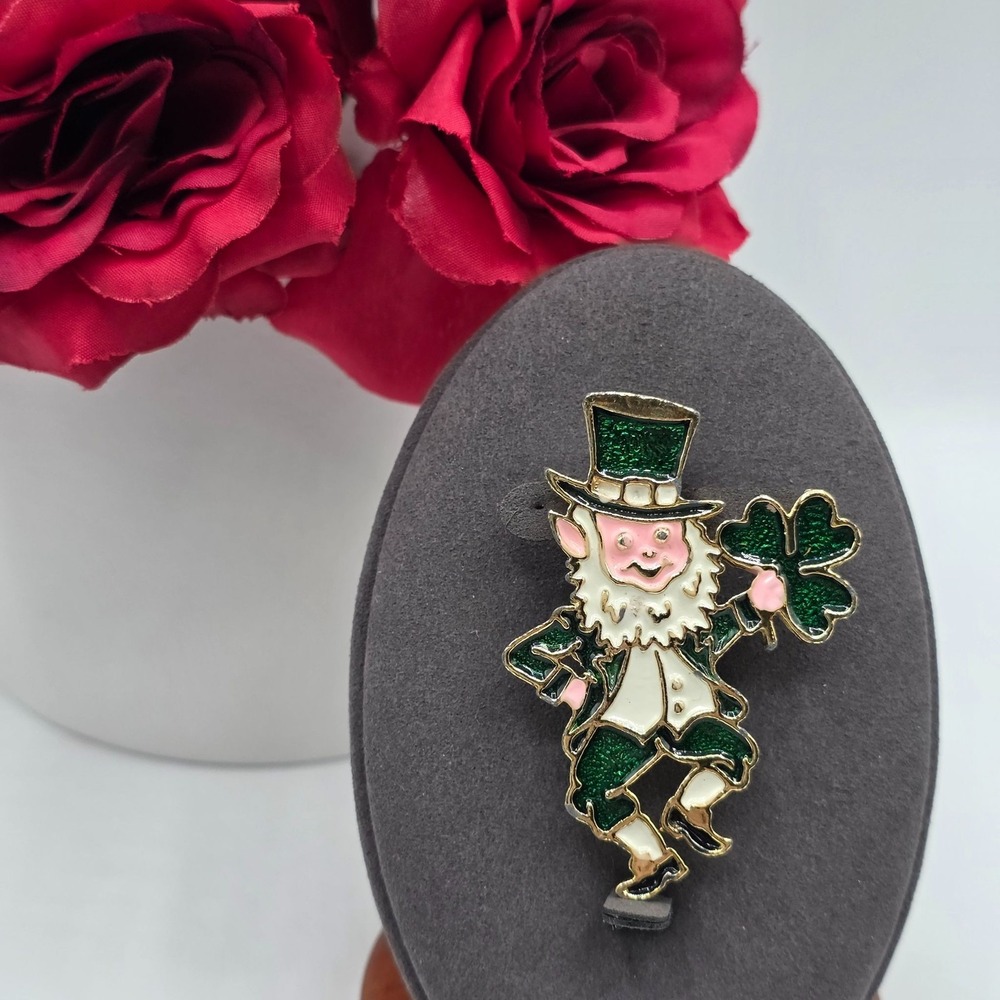 Enamel Leprechaun Charm Pin Lucky Four Leaf Clover Brooch‎ Green Gold Tone
